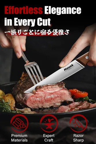 Vista 4 de Juego de cuchillos para carne Huusk de 6 con organizador de cajones - Juego de 4.5 pulgadas de cuchillos para carne japoneses serrados con bloque