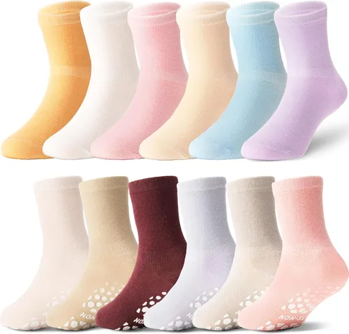 Vista 8 de ANTSANG 12 pares de calcetines de bebé para niñas, niños, niños pequeños con empuñaduras, calcetines de tripulación de algodón