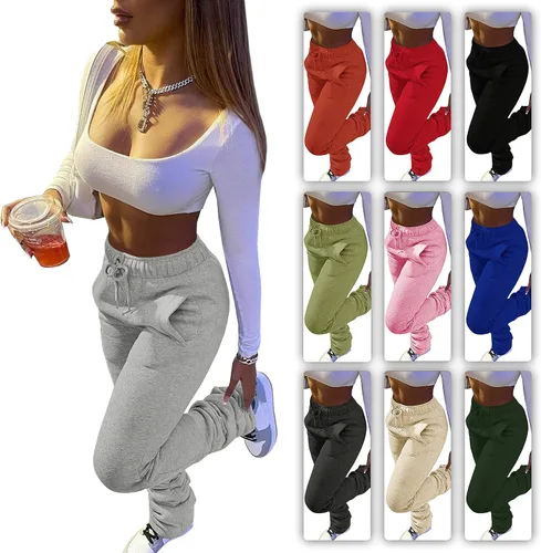 Vista 6 de Pantalones deportivos de forro polar apilados para mujer, con forro de sherpa, gruesos, cálidos, atléticos, atléticos, fruncidos, para descansar