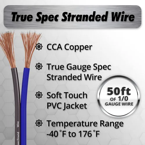 Vista 2 de InstallGear Cable de tierra de cobre calibre 1/0 (50 pies) de aluminio recubierto de cobre CAA - Cable automotriz primario, potencia