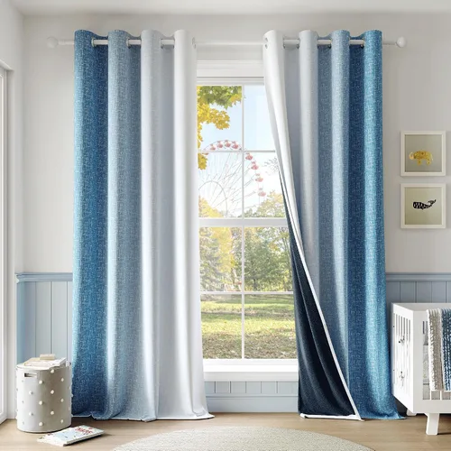 Vista 15 de Cortinas Ombre 100% Opacas de 63 Pulgadas de Largo 2 Paneles para Dormitorio Azul Blanco Patrón Degradado Oscurecimiento de Habitación Aislamiento