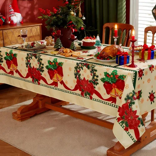 Vista 10 de SASTYBALE - Mantel navideño rectangular de 52x70 pulgadas, con diseño vintage de Flor de Pascua y acebo, resistente a las arrugas, para cenas