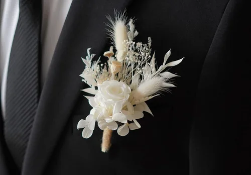 Vista 14 de Flores secas de hierba de las pampas blancas, ramo de flores secas rústicas, pin de solapa para mujeres/novio (B10)