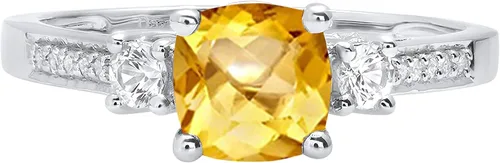 Vista 2 de Dazzlingrock Collection 6mm Cushion Citrine & Round White Sapphire with White Diamond 3 Stone Style Engagement Ring in 10K Solid Gold