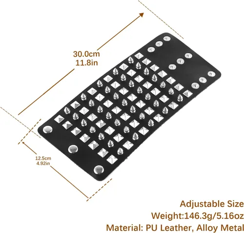 Vista 4 de HZMAN Pulsera de cuero con correa ancha unisex con tachuelas de metal negro
