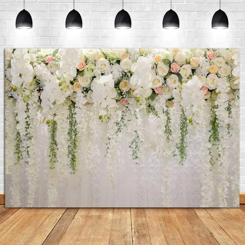 Vista 2 de YQ - Telón de fondo floral de rosa blanca de 7 x 5 pies para fotografía de despedida de soltera, boda, flores, decoración de pared, fondo de fotos