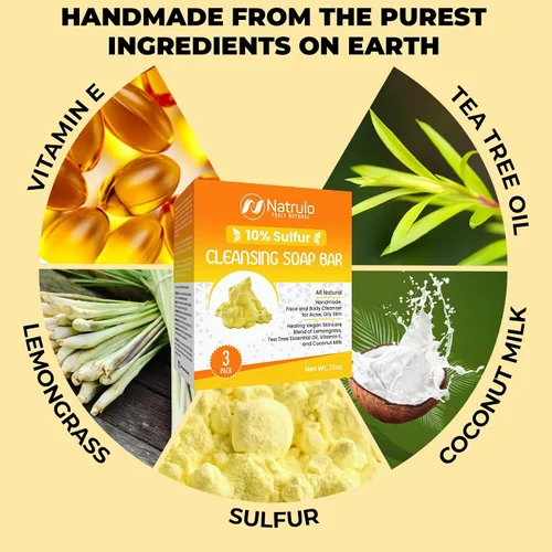 Vista 4 de Barra limpiadora de jabón de azufre al 10% para cara y cuerpo, limpiador facial de azufre natural para acné, piel grasa, mezcla de citronela, aceite