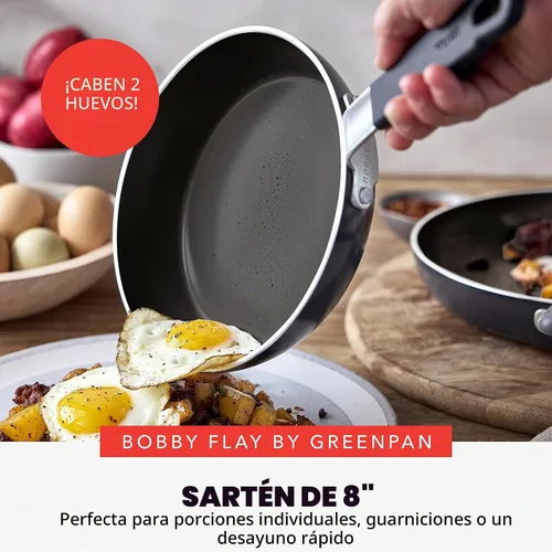 Vista 4 de GreenPan x Bobby Flay - Sartén antiadherente de 8", cerámica de diamante libre de PFAS, apta para inducción, mango de silicona que permanece frío