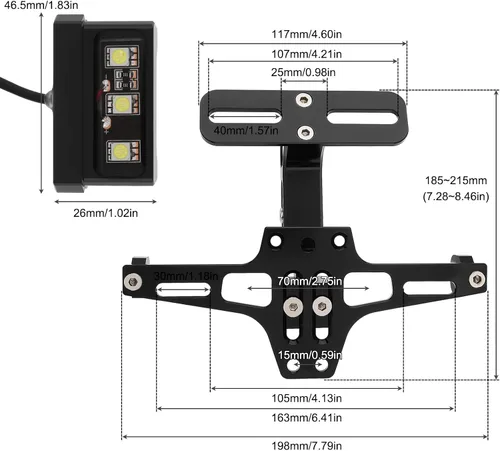 Vista 2 de Soporte de matrícula de motocicleta Eliminador de guardabarros ajustable con luz LED Adjustable length/angle/height. CNC aluminum.