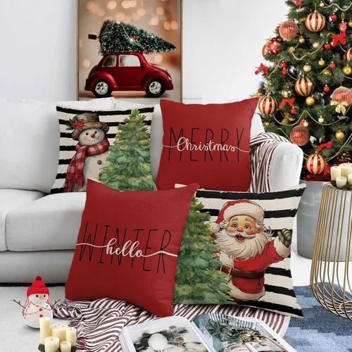 Vista 2 de Juego de 4 fundas de almohada rojas navideñas de 18 x 18 pulgadas, fundas de almohada cuadradas de lino rústico de Navidad, fundas de almohada