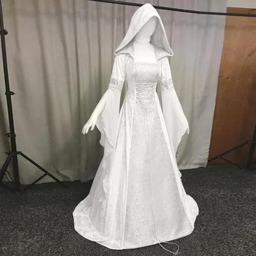 Vista 2 de YSLMNOR Disfraz medieval para mujer, corsé de Halloween, vestido gótico renacentista, talla grande, vestido de fiesta de manga acampanada, ropa