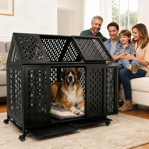 Vista 4 de Jaula de perro indestructible de 44 pulgadas, resistente a prueba de escapes, con 4 ruedas bloqueables y 2 bandejas, jaula de impacto para perros