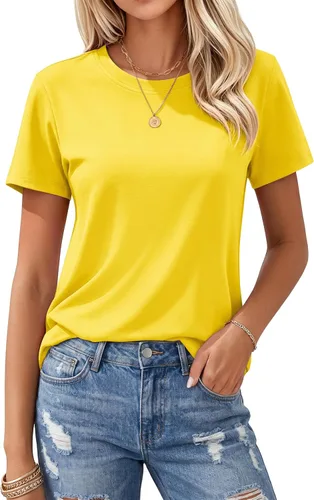 Vista 17 de MAGCOMSEN Camisetas de algodón para mujer de manga corta con cuello redondo, camisetas de ajuste clásico y transpirables de verano a1-Negro