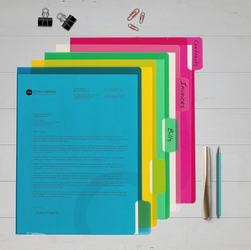 Vista 4 de Better Office Products Poly Project - Bolsillos para documentos, paquete de 25, pestañas de corte de 1/5, fundas de plástico para papel