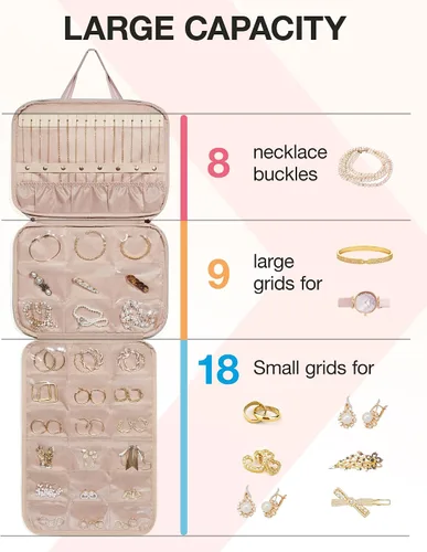 Vista 4 de BAGSMART Estuche organizador de joyas de viaje, bolsa de joyería colgante para viajes con bolsillos, bolsa de joyería de gran capacidad
