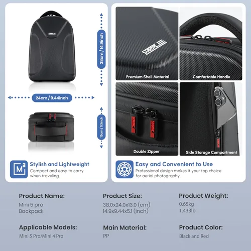 Vista 7 de STARTRC Funda Mini 5 Pro, Mochila de Transporte Rígida Resistente al Agua, Bolsa Grande para Drones que se Ajusta a Portátil de 11 Pulgadas, Mochila