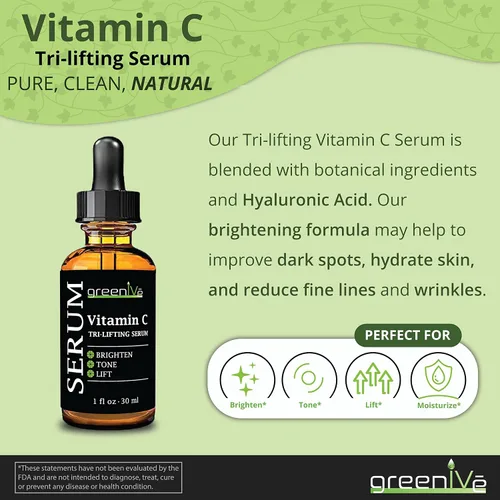 Vista 4 de GreenIVe Suero de vitamina C para cara con ácido hialurónico y colágeno vegetal, suero facial hidratante Tri-Lifting - Cuidado de la piel iluminador