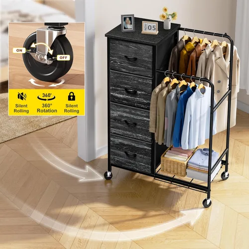 Vista 4 de Romorgniz Cómoda 3 en 1 con estante para colgar, 4 cajones de tela con doble perchero y ruedas, organizador alto de armario para dormitorio, Negro
