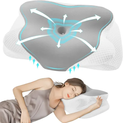 Vista 19 de DONAMA - Almohada cervical para cuello y hombros, diseño de espuma viscoelástica contorneado, soporte ergonómico para dormir de lado, espalda o boca
