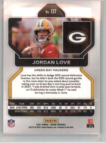 Vista 2 de 2021 Prizm Football #137 Jordan Love Green Bay Packers Official NFL Panini Trading Card
