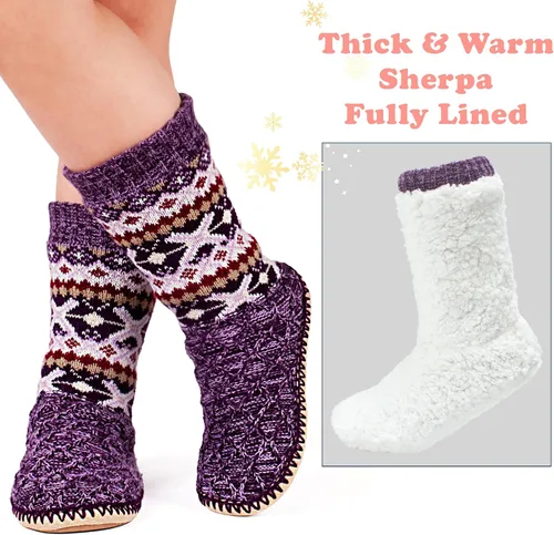 Vista 3 de Calcetines de punto grueso para mujer, forro polar sherpa, suela de agarre antideslizante suave, regalos acogedores para ella