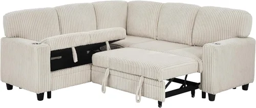 Vista 3 de ERYE L-Shaped Convertible Sofa Bed W/Pull Out Sleeper Couch Bed, 81" Plush Corduroy Sectional Couch with Symmetrical Corner Sectional Sleeper Sofa