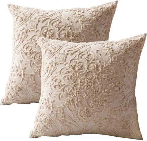 Vista 4 de DOKOT - Fundas para almohadón bordadas cuadradas 100% algodón con cremallera para decoración del hogar 20x20 pulgadas (50x50 cm) Beige