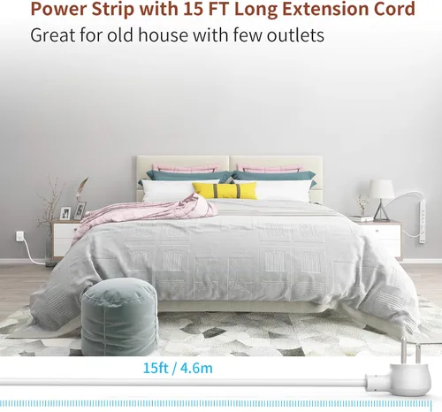 Vista 5 de Cable de extensión de 15 pies, protector de sobretensiones de 6 salidas, tira de alimentación larga y resistente de enchufe plano, enchufe plano