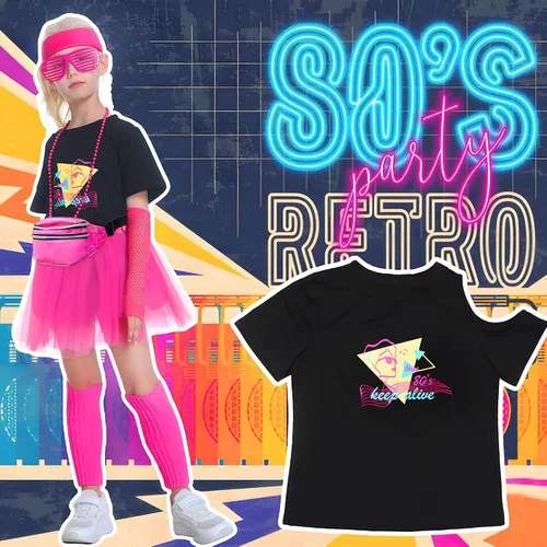 Vista 6 de Yulefly Juego de 9 accesorios de disfraz de los años 80 para niños, camiseta de fiesta, tutú elegante, para cosplay, fiesta de los años 80 para niñas