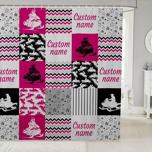 Vista 9 de Erosebridal Cortina de ducha personalizada con diseño de motos de nieve, diseño de retazos a cuadros, para niños y hombres, cortina de baño
