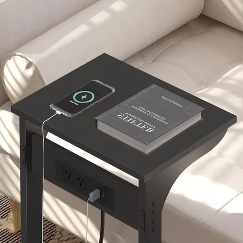 Vista 7 de TUTOTAK - Mesa auxiliar en forma de C con estación de carga, mesa lateral, mesa de sofá para espacios pequeños, bandeja de TV con 2 puertos USB