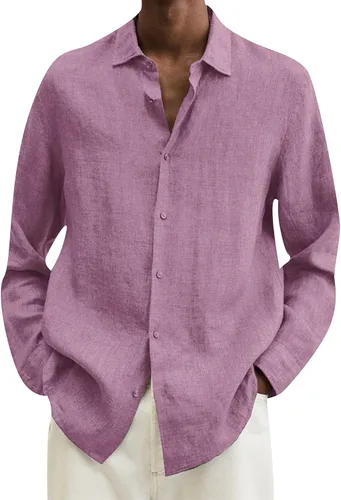 Vista 12 de EFOFEI Camisa de algodón y lino con botones para hombre, camisas casuales de manga larga, con solapa, color sólido