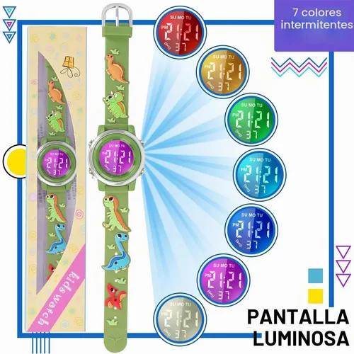Vista 5 de Viposoon Relojes para niños con alarma impermeable, regalos de dinosaurios para niños y niñas de 3 a 10 años Verde militar