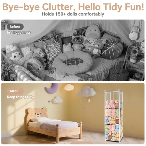 Vista 5 de Almacenamiento de animales de peluche para niños, almacenamiento de zoológico de animales de peluche de madera con ruedas de freno, organizador