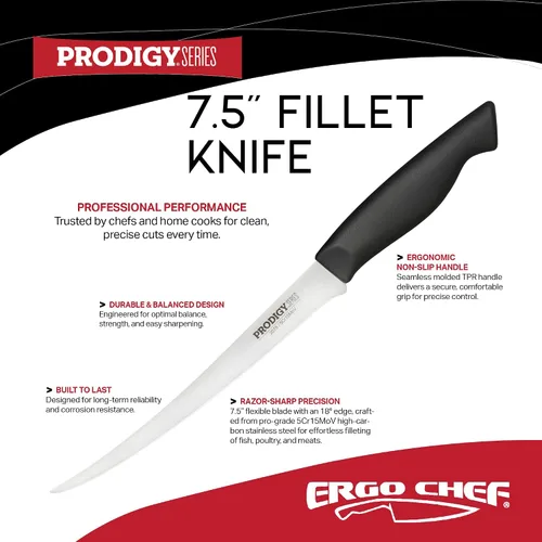 Vista 2 de Ergo Chef Prodigy Series - Cuchillo de filete flexible curvado de 7.5 pulgadas, hoja de acero inoxidable de alto carbono, mango ergonómico