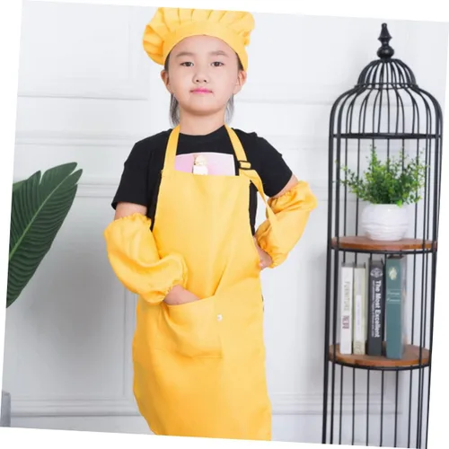 Vista 4 de Luxshiny 2Set Painting Polyester Smock and Chef Hat Ages Apron Yellow for Drawing Painting and Creative Fun