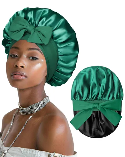 Vista 11 de Gorro de satén para mujeres, gorros de seda para dormir, gorro para cabello rizado con banda elástica con lazo, reversible de doble capa, gorro