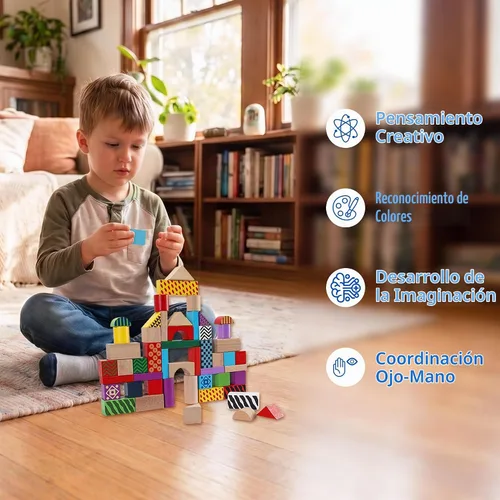 Vista 7 de Offelec Juego de 50 bloques de construcción de madera con cubo de almacenamiento, bloques apilables Montessori y juguetes de clasificación de formas