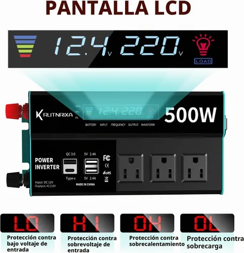 Vista 4 de Inversores de potencia de 500 W, pico de 1000 W, 12 V CC a 110 V CA, convertidor para vehículos USB-C/PD de 25 W, puertos de carga rápida, adaptador