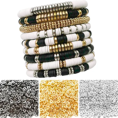 Vista 4 de 6 mm de cuentas espaciadoras planas redondas, 1480 piezas (280 redondas) - Oro, Plata, Negro - Plástico recubierto de cobre - Kit de fabricación