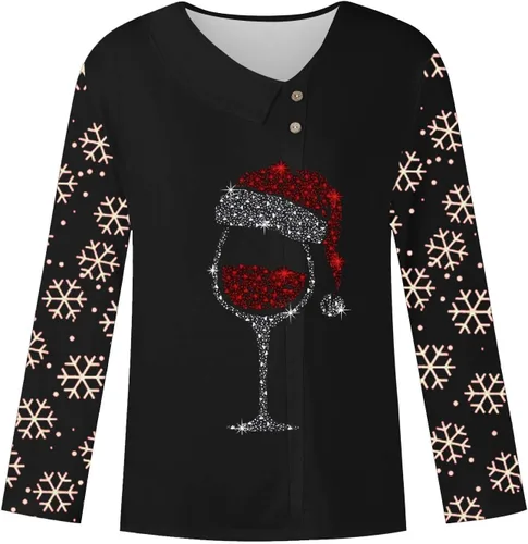 Vista 2 de Ropa de vacaciones de Navidad para mujer, blusa de moda, copas de vino, camisetas gráficas, camisa informal asimétrica