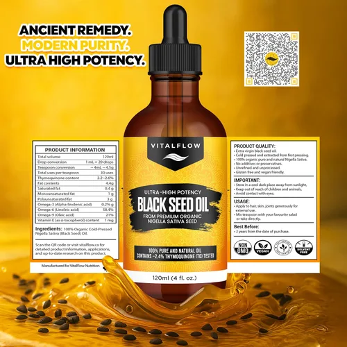 Vista 2 de VITALFLOW Aceite de semilla negra orgánica de 4.1 fl oz 100% puro y natural prensado en frío Contenido de timoquinona ultra alto Para