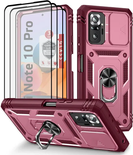 Vista 12 de Funda para Xiaomi Redmi Note 10 Pro, Redmi Note 10 Pro MAX con 3 protectores de pantalla de vidrio templado con soporte de anillo integrado + Negro