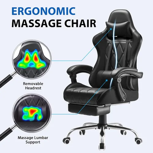 Vista 5 de Shahoo Silla ergonómica para videojuegos, reposapiés y soporte lumbar de Negro
