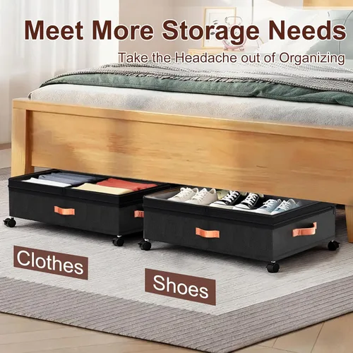 Vista 8 de Almacenamiento debajo de la cama con ruedas, paquete de 2 contenedores organizadores extragrandes de 70 litros con tapas, contenedor plegable