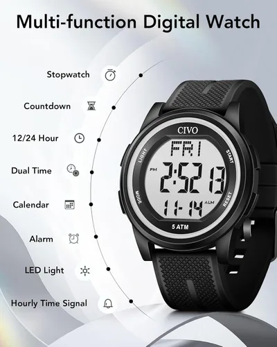Vista 4 de CIVO Digital Watches for Men Women Sports Waterproof Wristwatch with Stopwatch Alarm Date - LED Backlight Big Numbers Silicone Watch for Outdoor