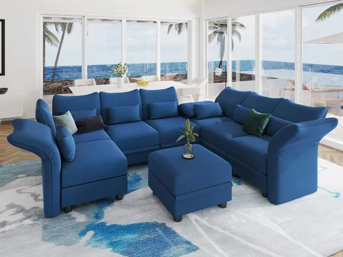 Vista 12 de LLappuil Sofá modular de terciopelo en forma de L con almacenamiento, sofá moderno de 5 plazas de 127.8 pulgadas con diván, sofás reclinables de Azul