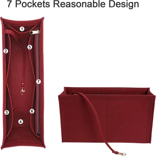 Vista 5 de Organizador de bolso para bolsa de dior, bolsa grande, inserto de fieltro de alta calidad, múltiples bolsillos (borgoña, pequeño), KS12-BurGundy-S