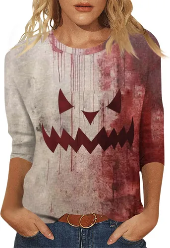 Vista 120 de Camisetas personalizadas para mujer, a la moda, casual, de séptima manga, estampada, cuello redondo, camiseta