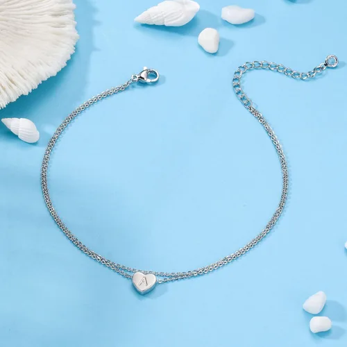 Vista 7 de Tobillera con inicial de corazón de plata para mujer, chapada en oro blanco de 14 quilates, hecha a mano, delicada tobillera en capas con letra